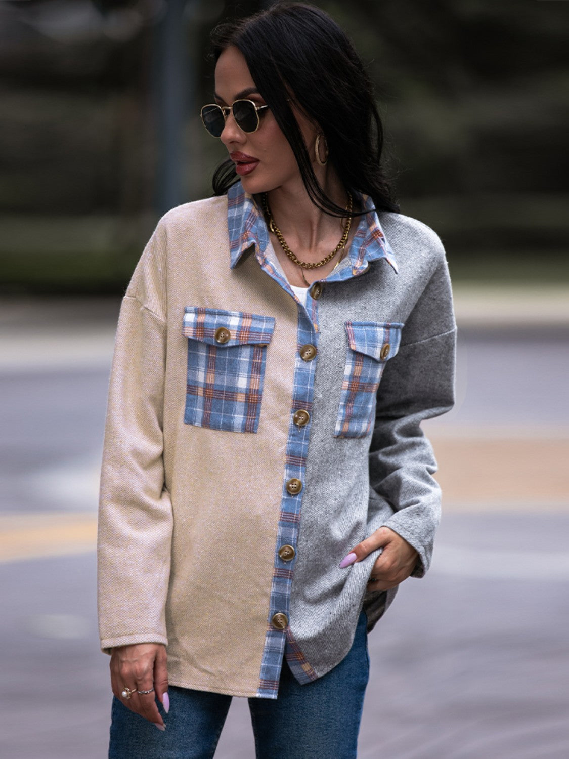 Plaid Contrast Drop Shoulder Shacket BLUE ZONE PLANET