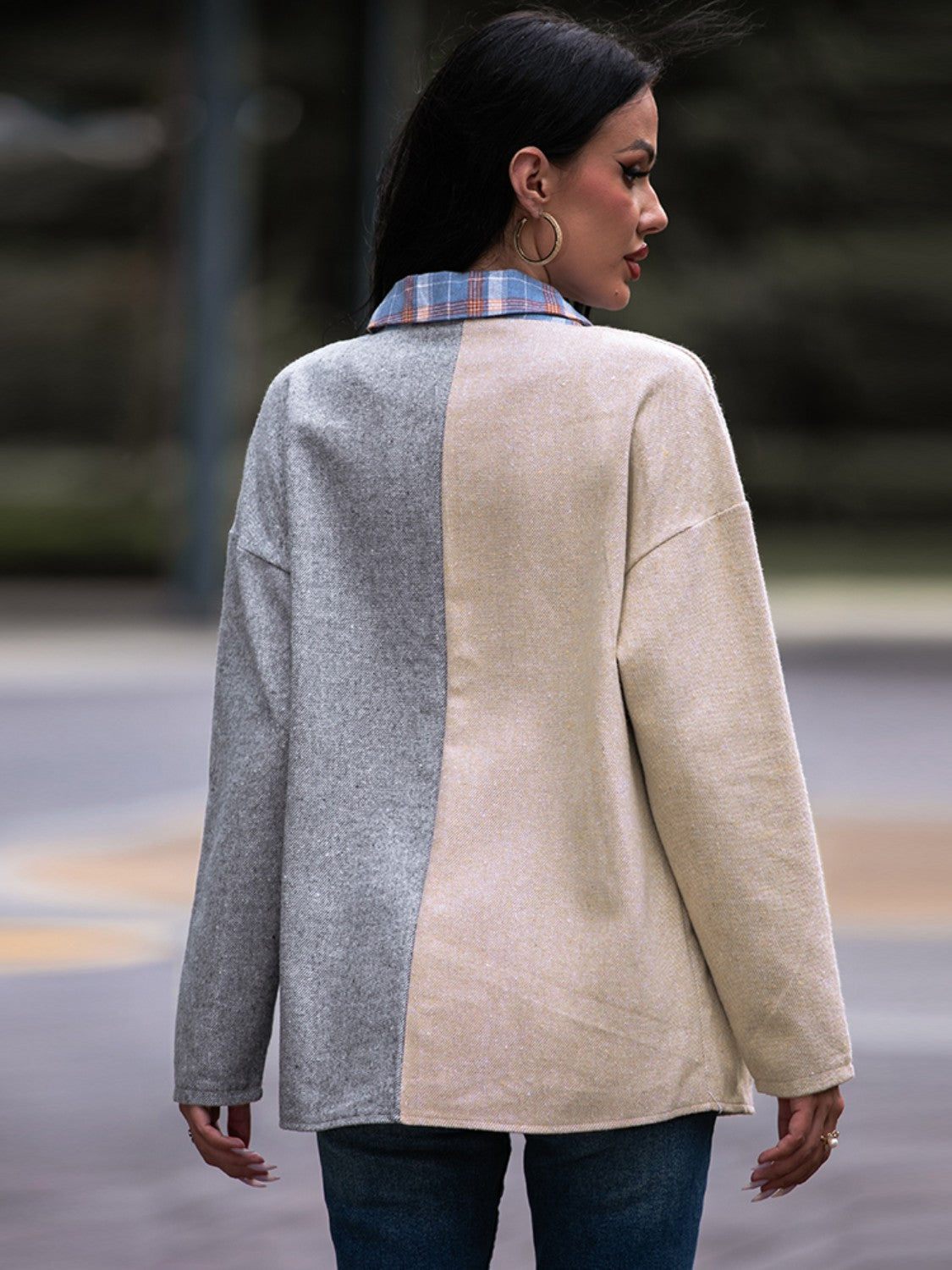 Plaid Contrast Drop Shoulder Shacket BLUE ZONE PLANET
