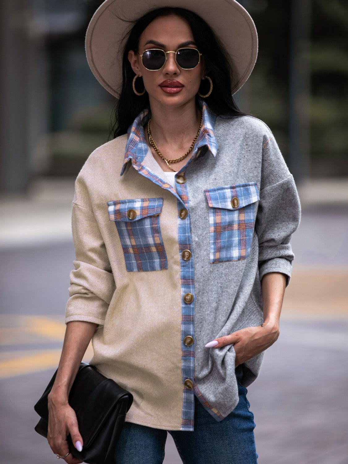 Plaid Contrast Drop Shoulder Shacket BLUE ZONE PLANET