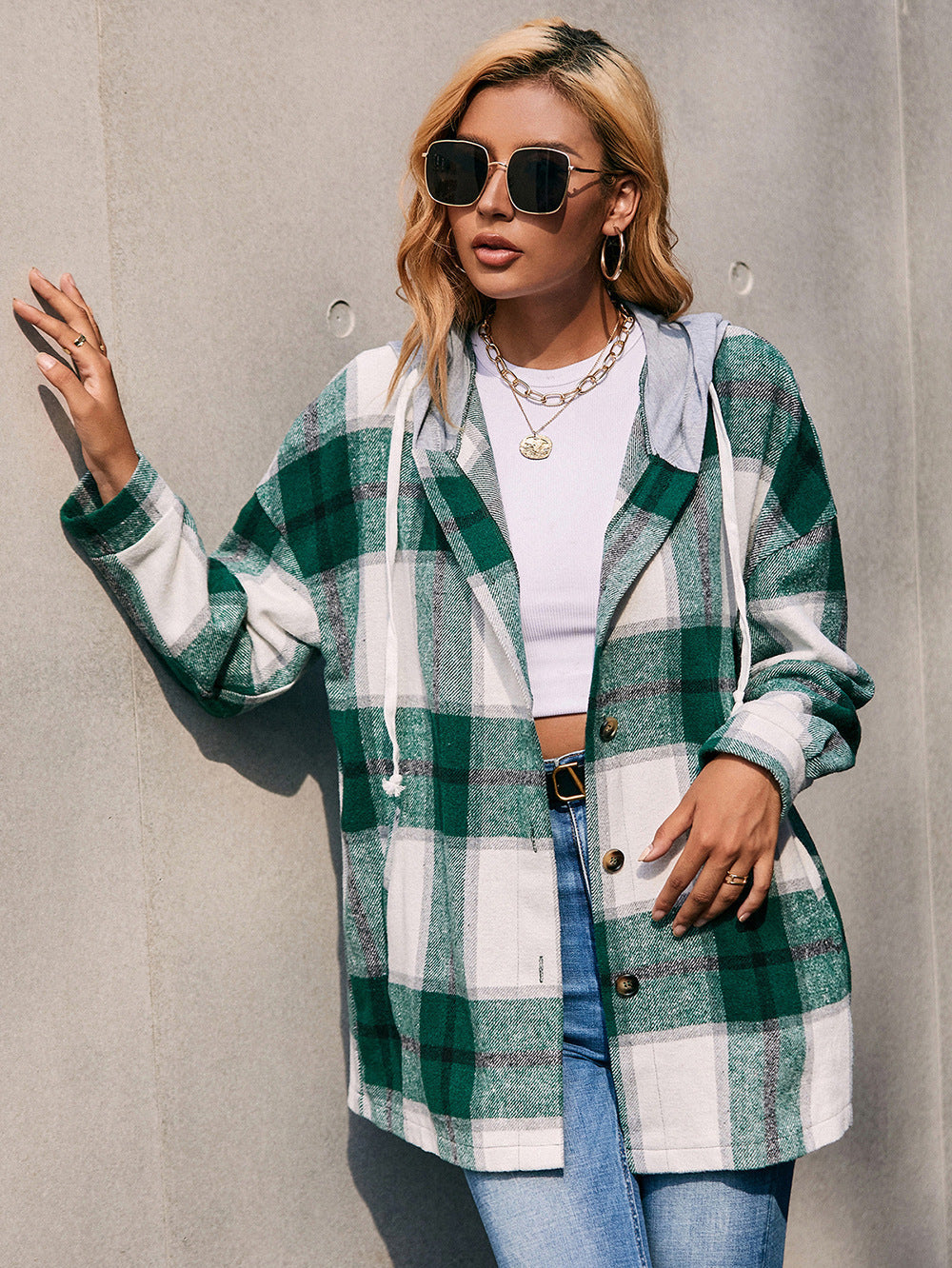 Plaid Dropped Shoulder Hooded Jacket BLUE ZONE PLANET