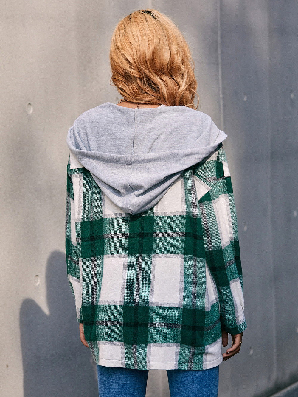 Plaid Dropped Shoulder Hooded Jacket BLUE ZONE PLANET