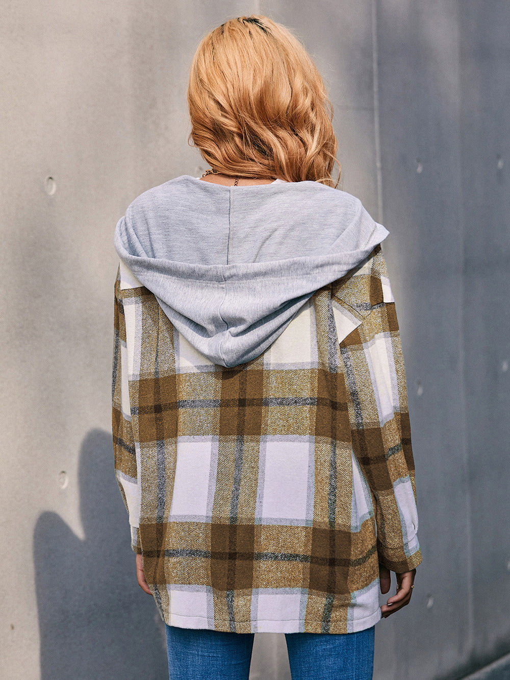 Plaid Dropped Shoulder Hooded Jacket BLUE ZONE PLANET