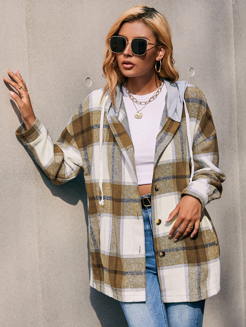 Plaid Dropped Shoulder Hooded Jacket BLUE ZONE PLANET