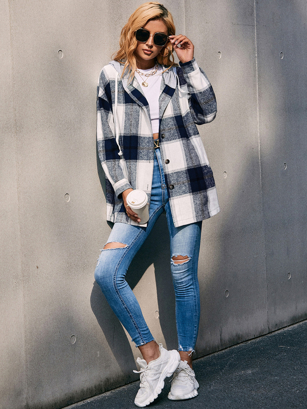 Plaid Dropped Shoulder Hooded Jacket BLUE ZONE PLANET