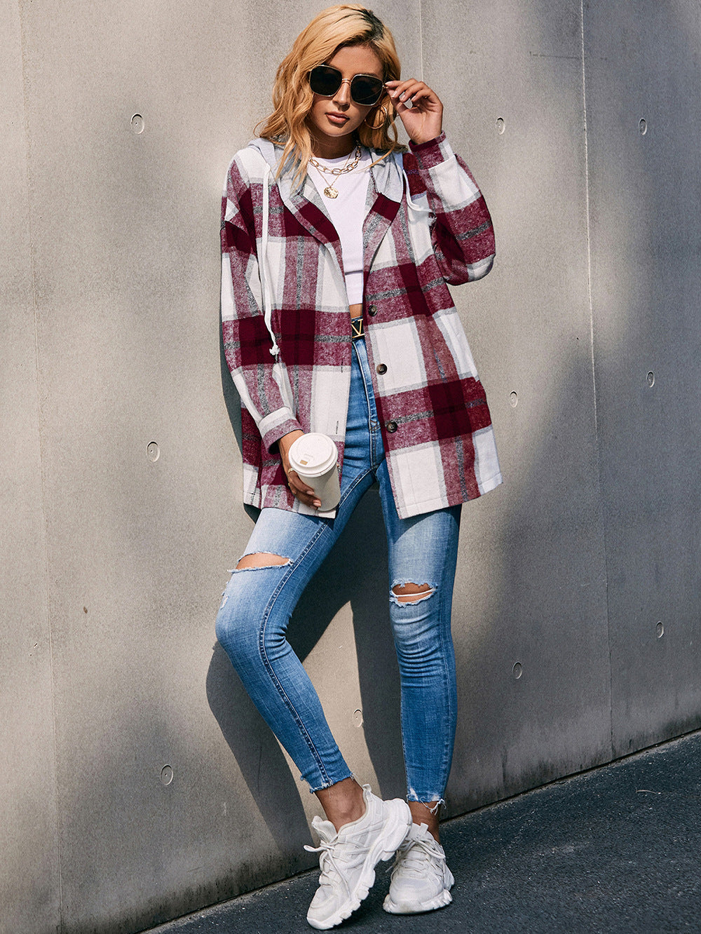 Plaid Dropped Shoulder Hooded Jacket BLUE ZONE PLANET