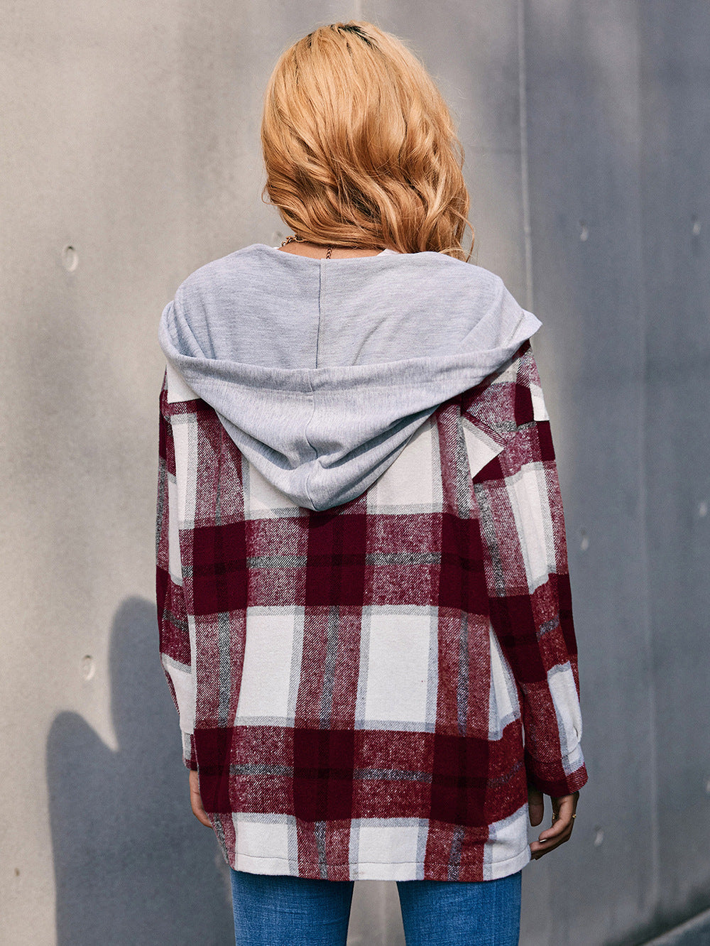 Plaid Dropped Shoulder Hooded Jacket BLUE ZONE PLANET
