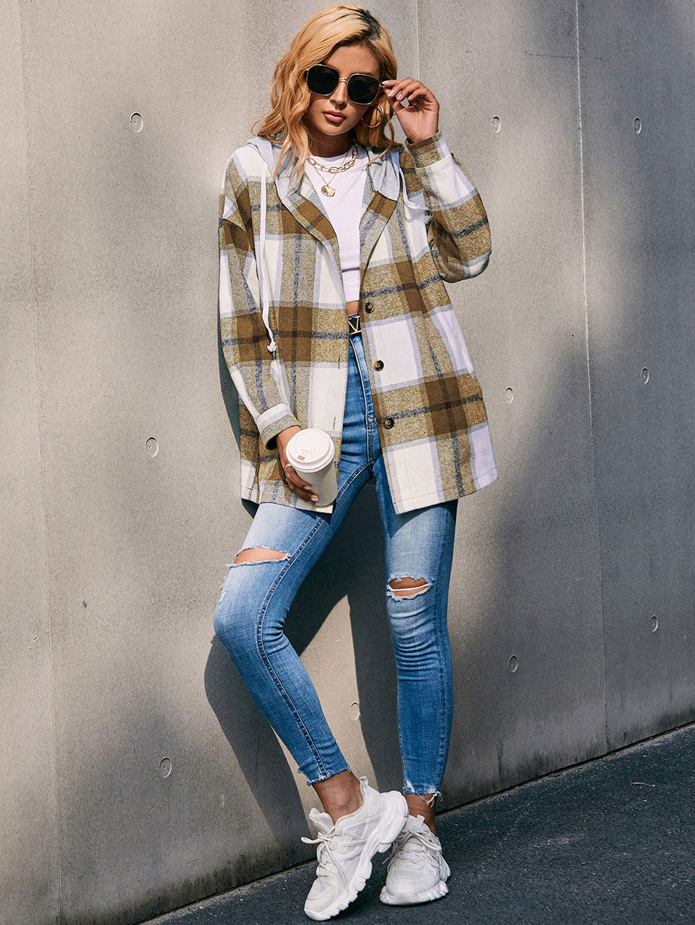 Plaid Dropped Shoulder Hooded Jacket BLUE ZONE PLANET