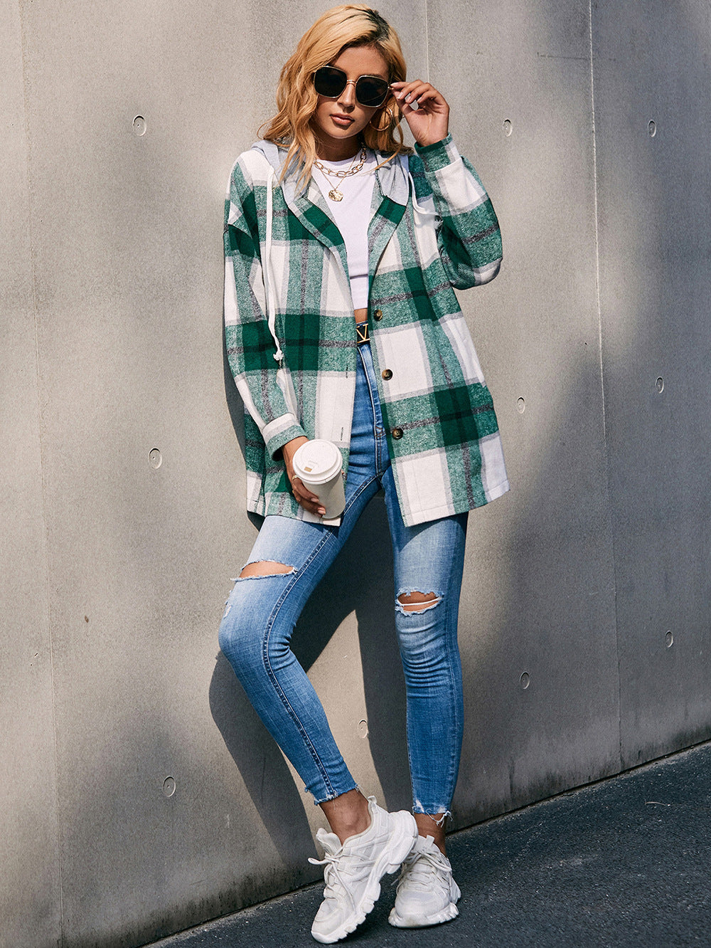 Plaid Dropped Shoulder Hooded Jacket BLUE ZONE PLANET