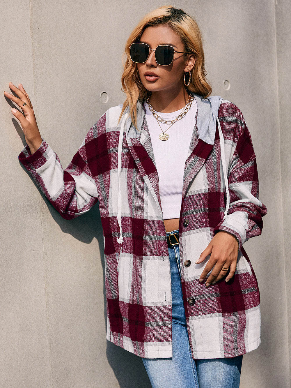 Plaid Dropped Shoulder Hooded Jacket BLUE ZONE PLANET