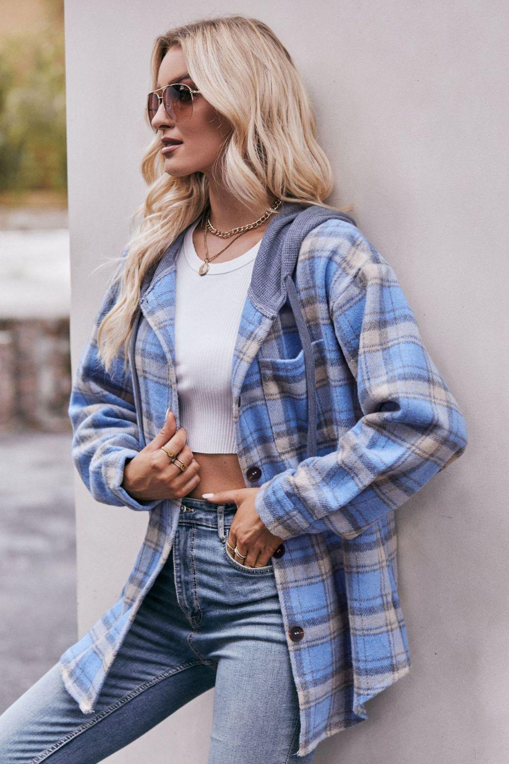Plaid Dropped Shoulder Hooded Longline Jacket BLUE ZONE PLANET
