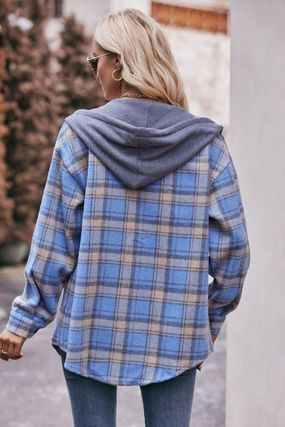 Plaid Dropped Shoulder Hooded Longline Jacket BLUE ZONE PLANET