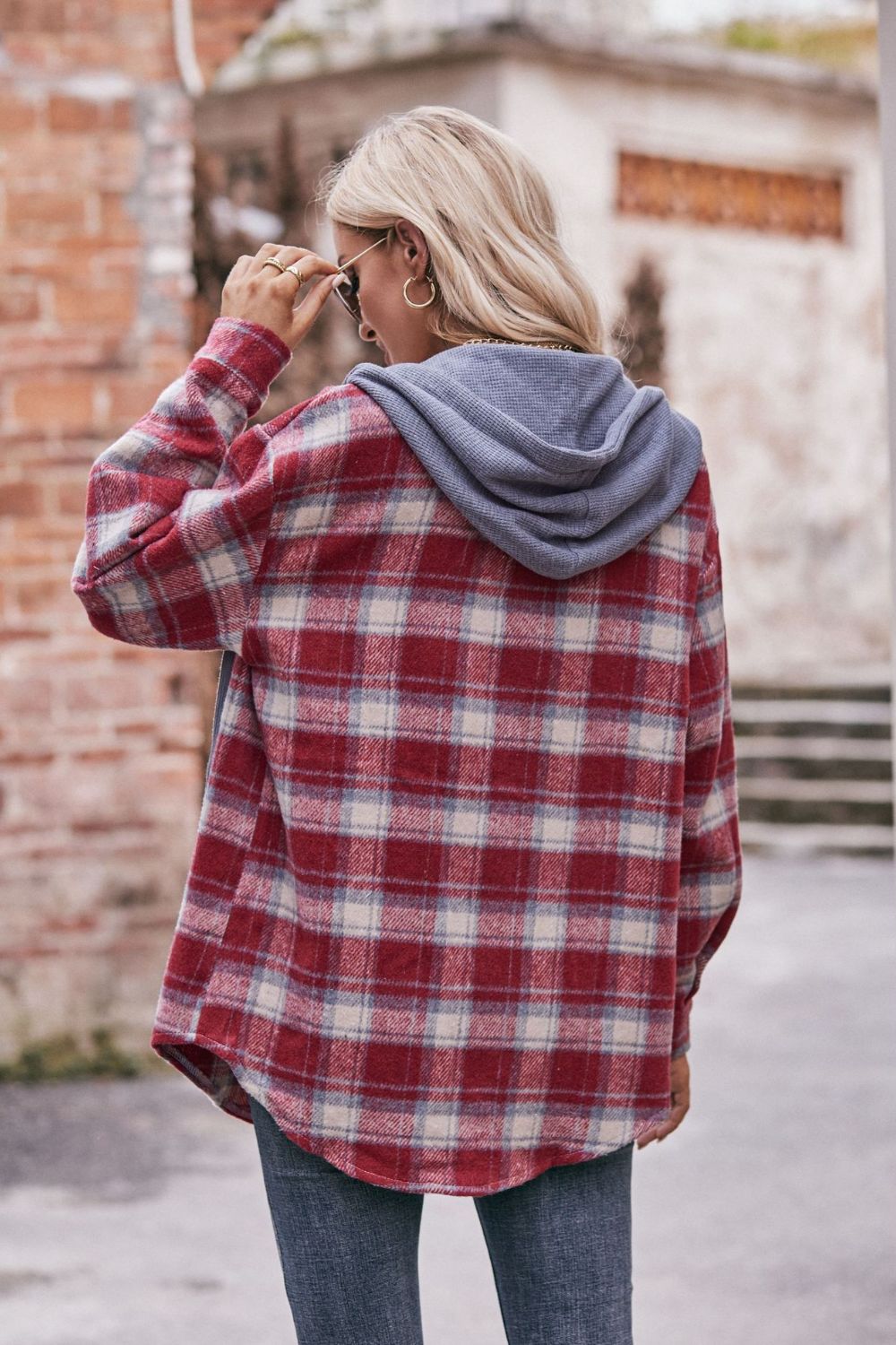 Plaid Dropped Shoulder Hooded Longline Jacket BLUE ZONE PLANET