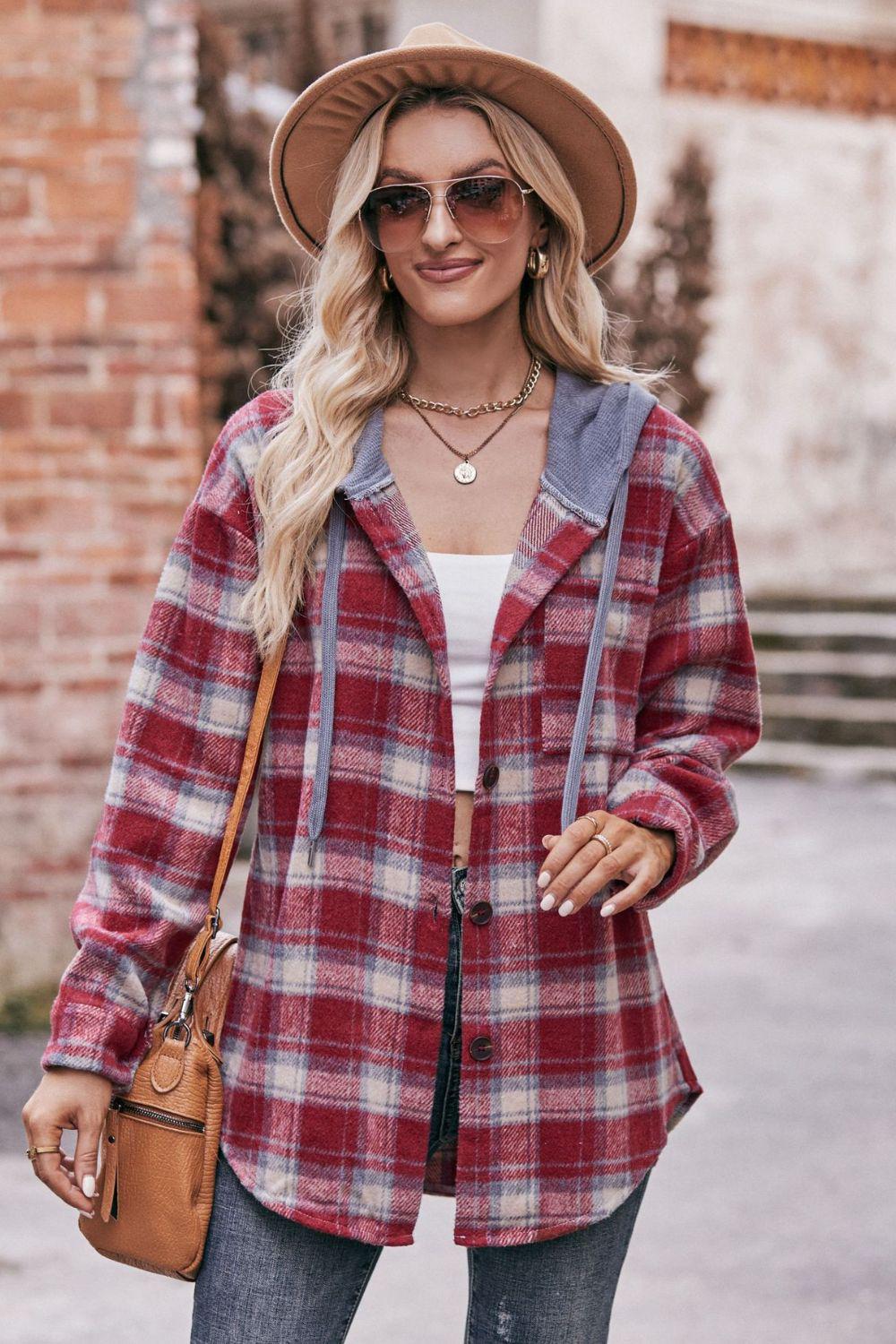 Plaid Dropped Shoulder Hooded Longline Jacket BLUE ZONE PLANET