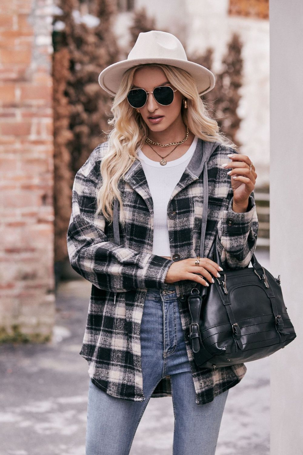 Plaid Dropped Shoulder Hooded Longline Jacket BLUE ZONE PLANET