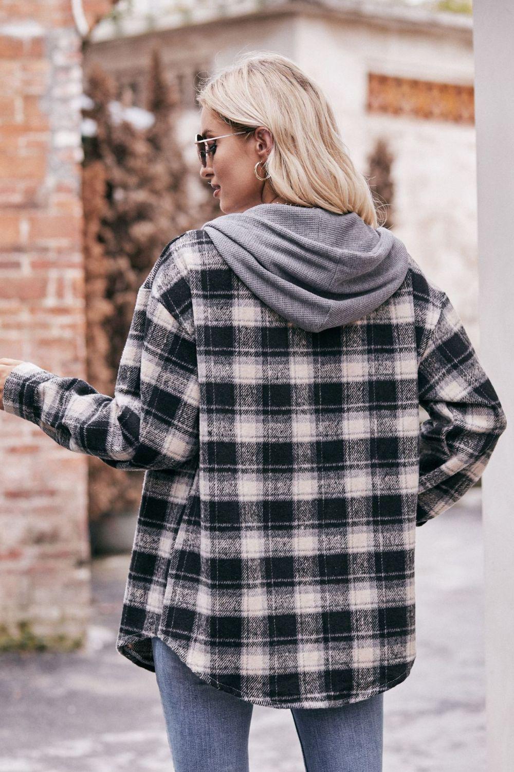 Plaid Dropped Shoulder Hooded Longline Jacket BLUE ZONE PLANET
