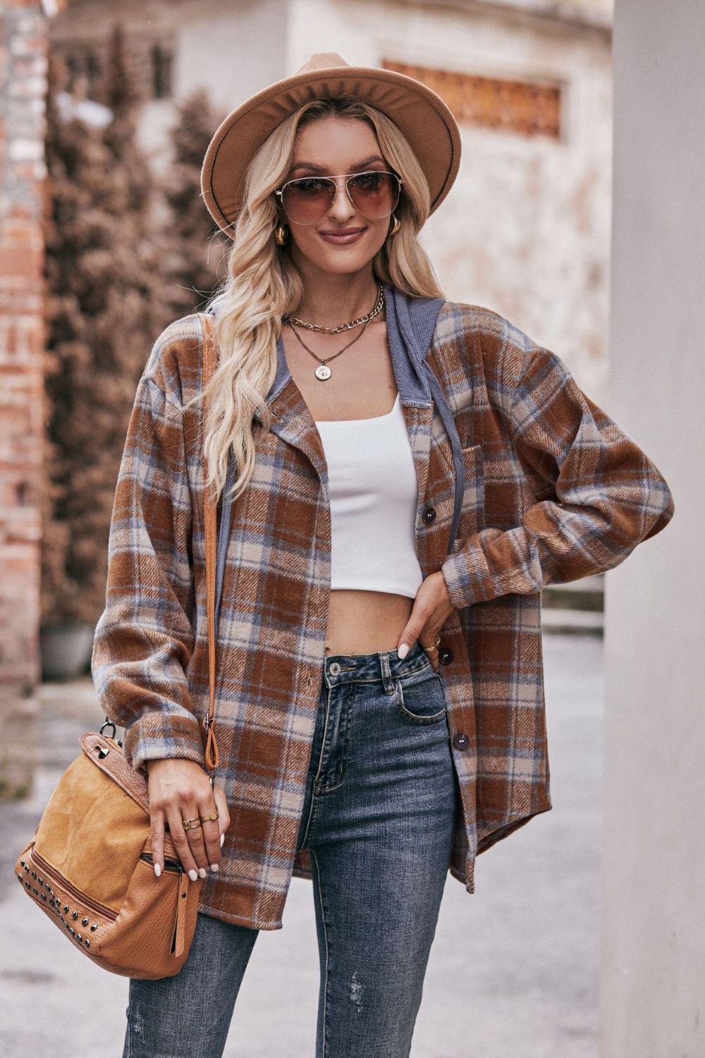 Plaid Dropped Shoulder Hooded Longline Jacket BLUE ZONE PLANET