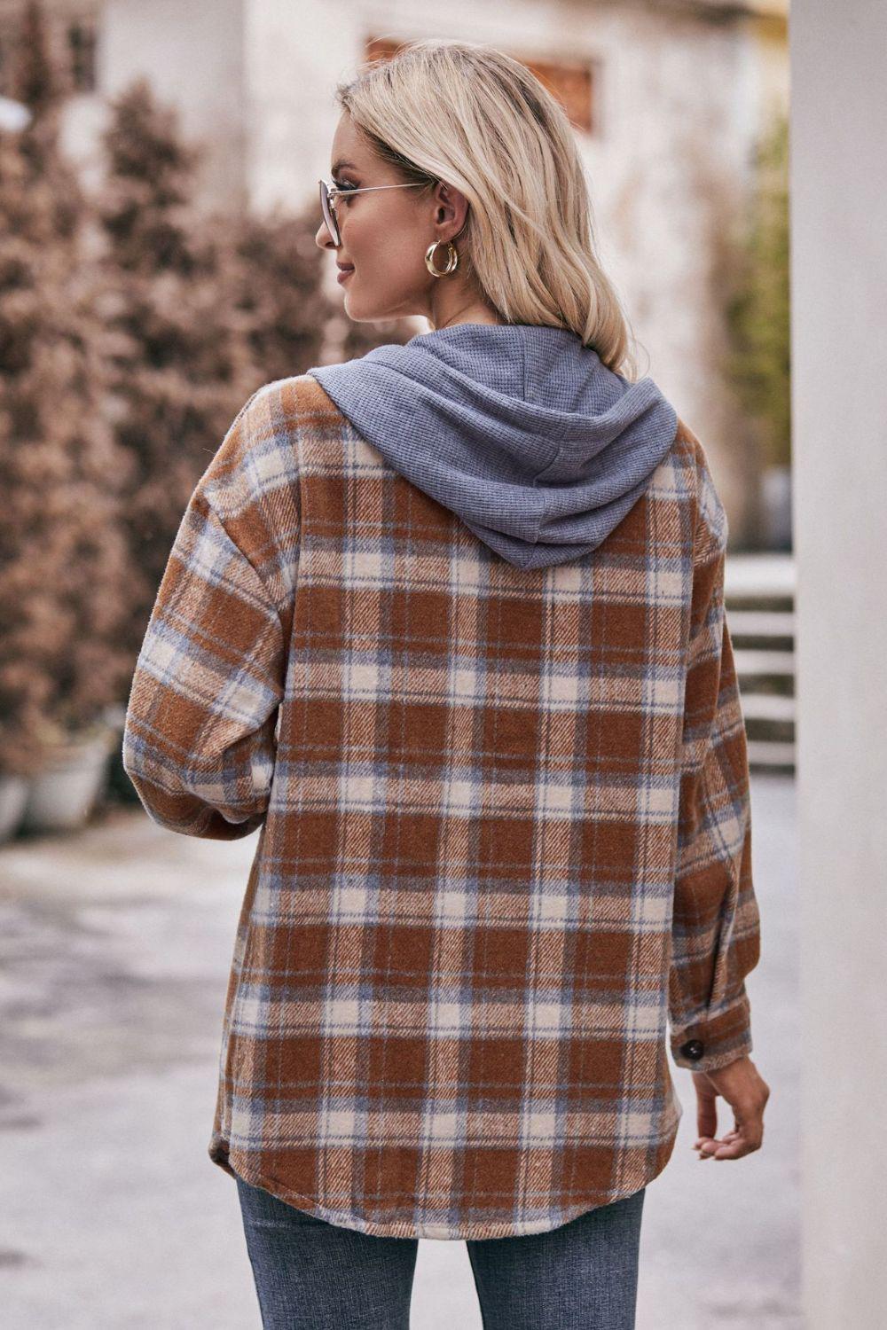 Plaid Dropped Shoulder Hooded Longline Jacket BLUE ZONE PLANET