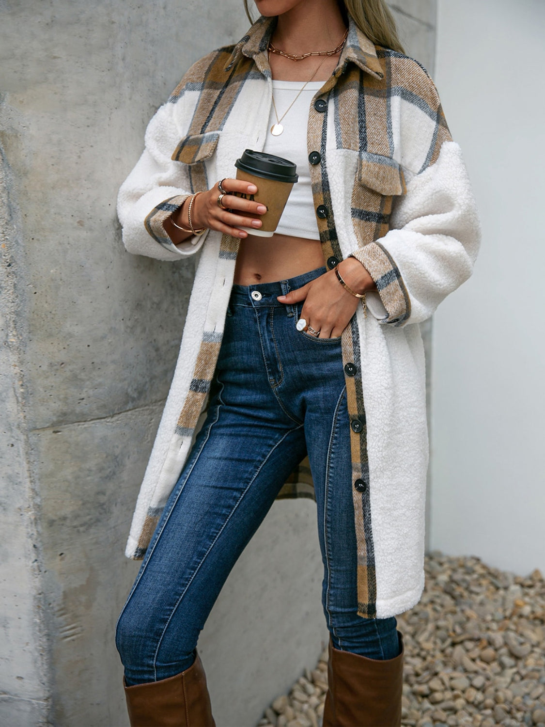 Plaid Dropped Shoulder Longline Coat BLUE ZONE PLANET