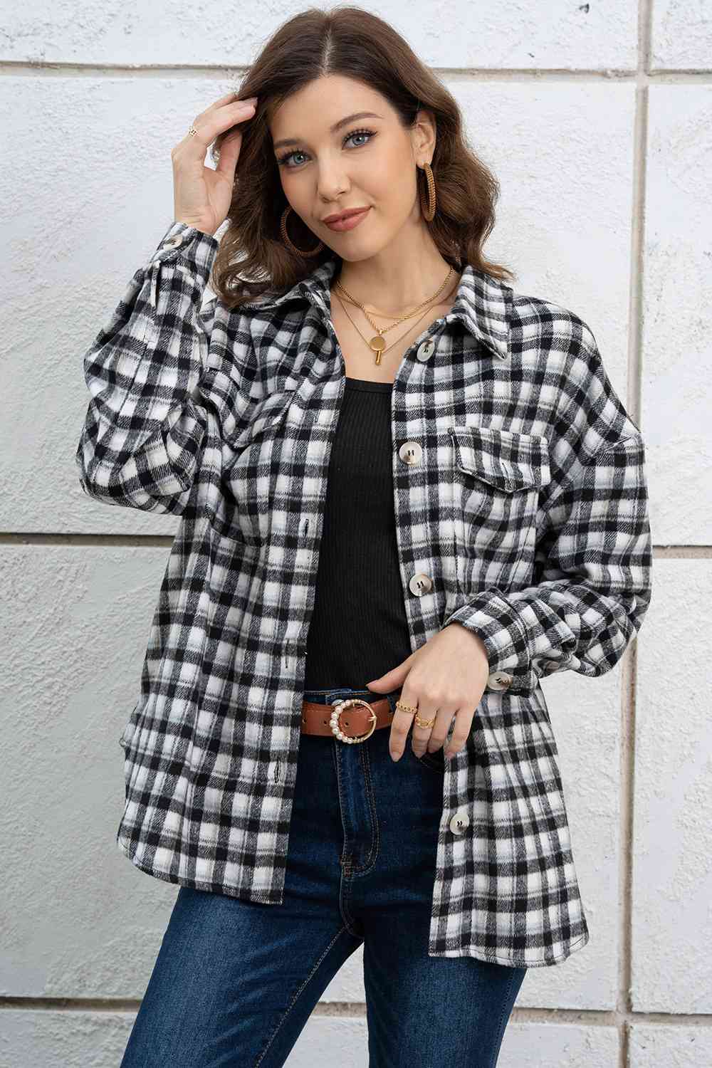 Plaid Dropped Shoulder Shirt Jacket BLUE ZONE PLANET