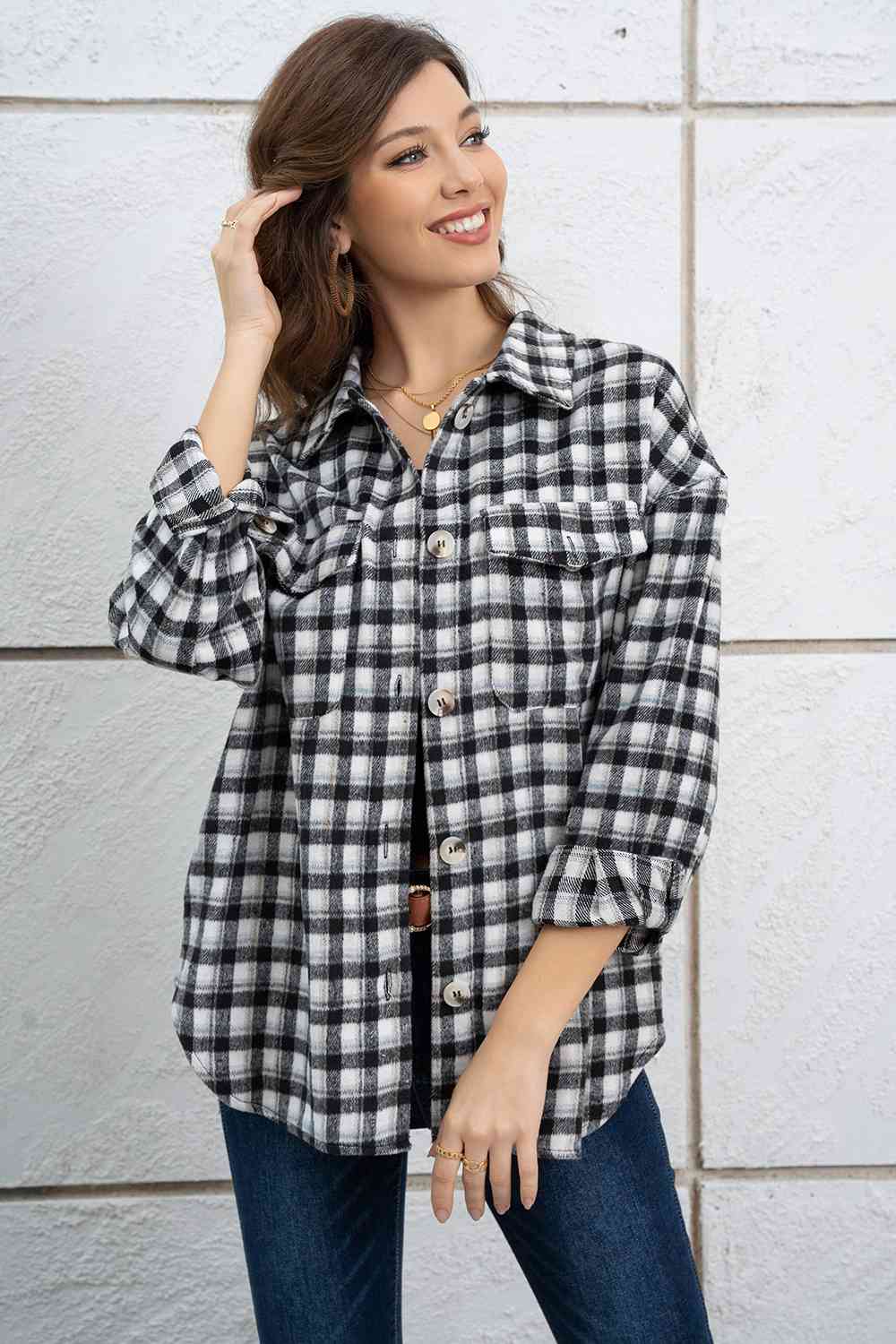 Plaid Dropped Shoulder Shirt Jacket BLUE ZONE PLANET
