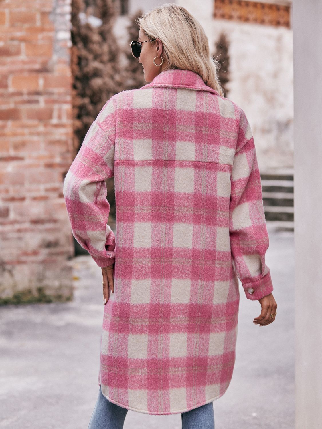 Plaid Dropped Shoulder Slit Coat BLUE ZONE PLANET