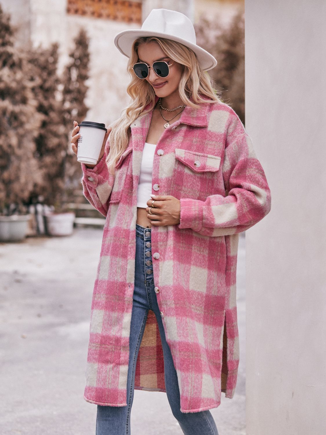 Plaid Dropped Shoulder Slit Coat BLUE ZONE PLANET