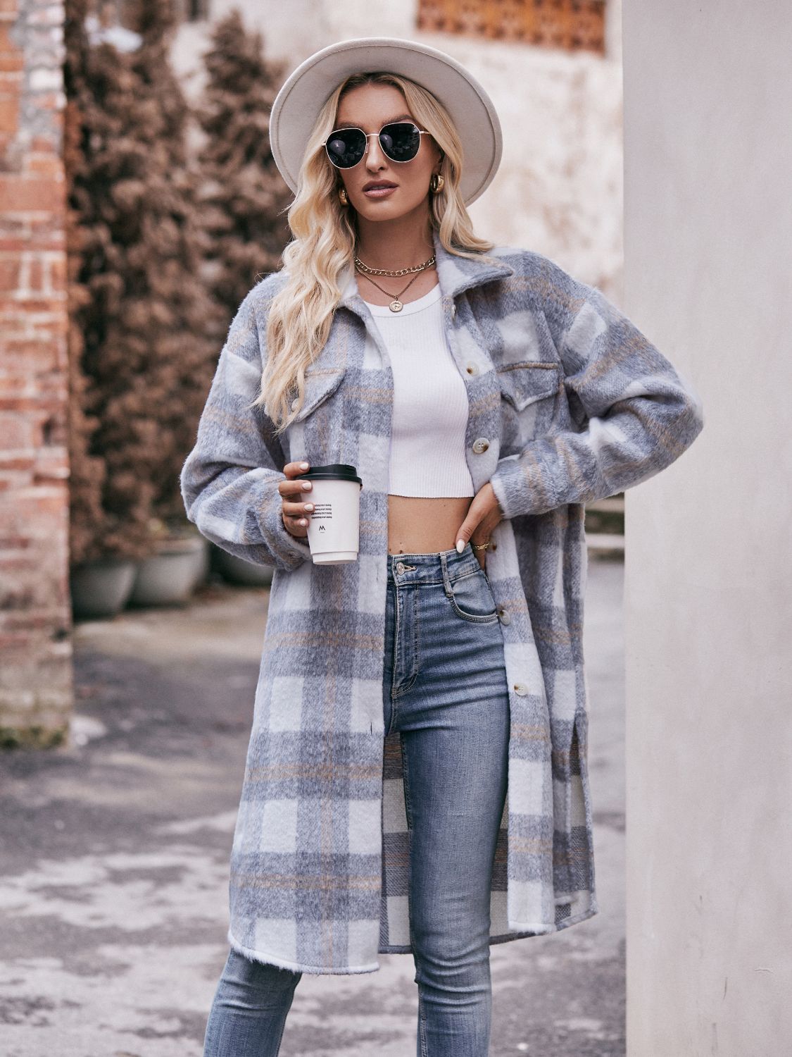 Plaid Dropped Shoulder Slit Coat BLUE ZONE PLANET