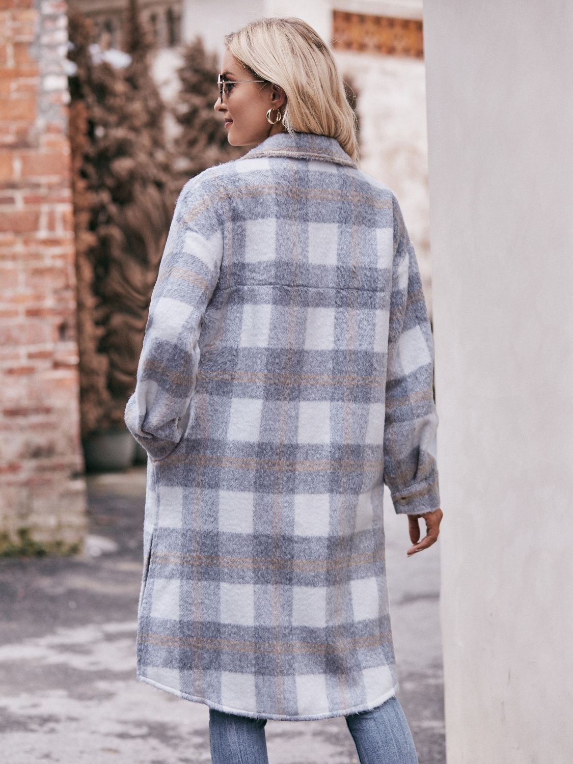 Plaid Dropped Shoulder Slit Coat BLUE ZONE PLANET