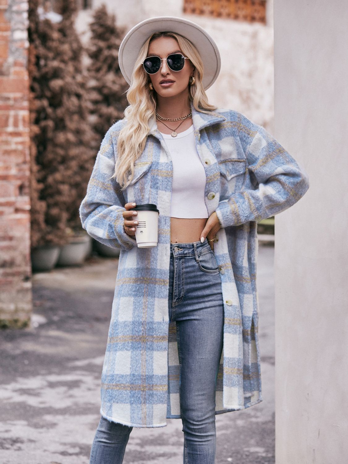 Plaid Dropped Shoulder Slit Coat BLUE ZONE PLANET