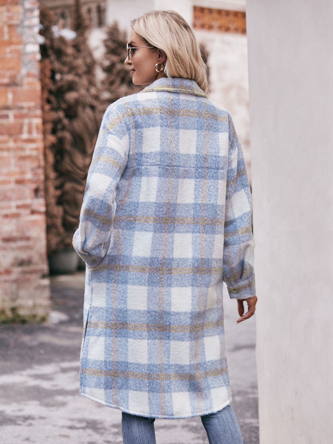 Plaid Dropped Shoulder Slit Coat BLUE ZONE PLANET