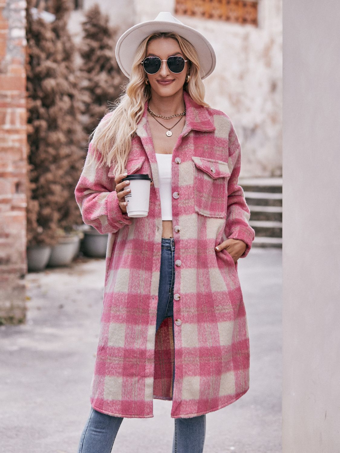 Plaid Dropped Shoulder Slit Coat BLUE ZONE PLANET
