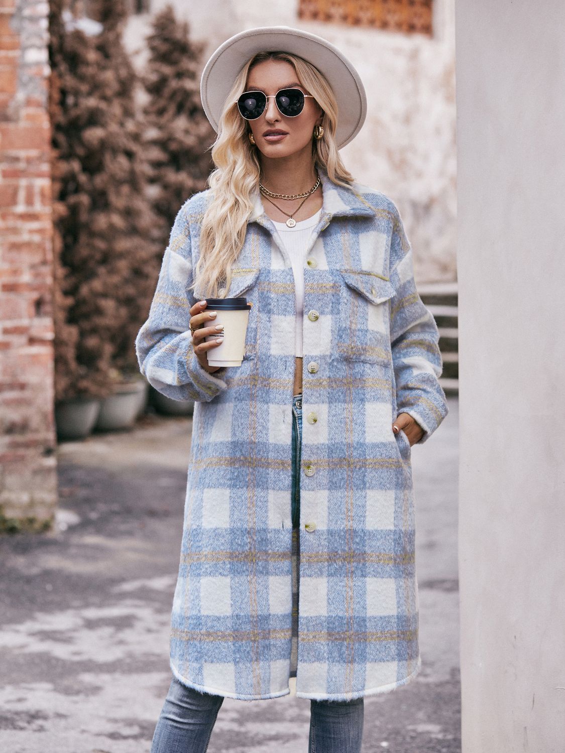 Plaid Dropped Shoulder Slit Coat BLUE ZONE PLANET