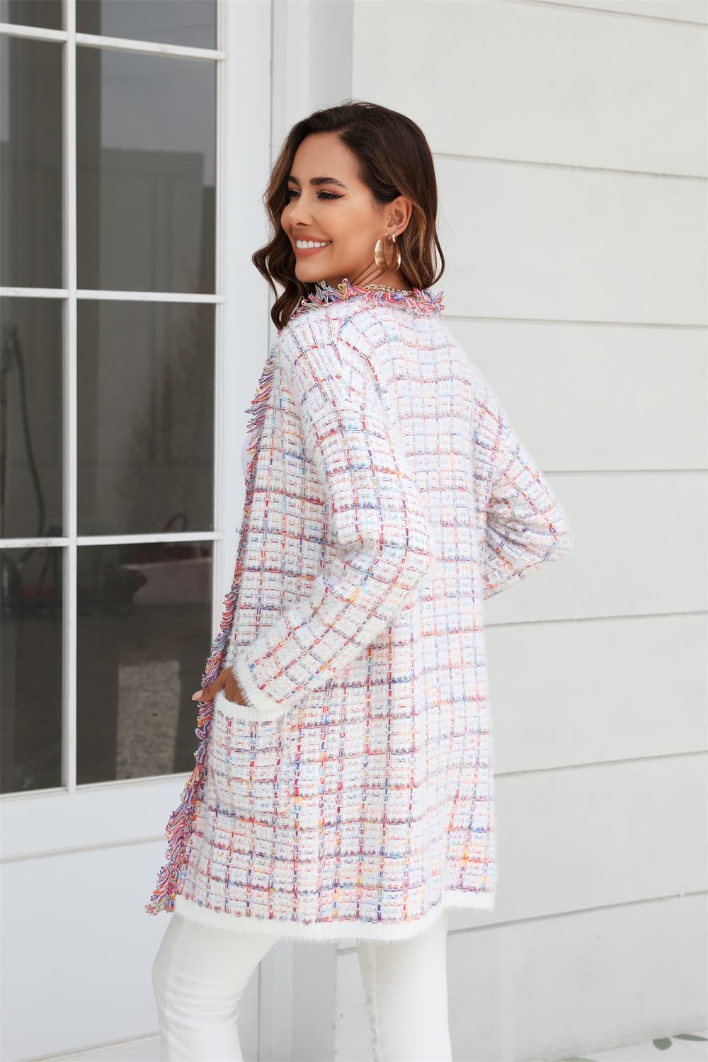Plaid Fringe Trim Open Front Longline Cardigan BLUE ZONE PLANET