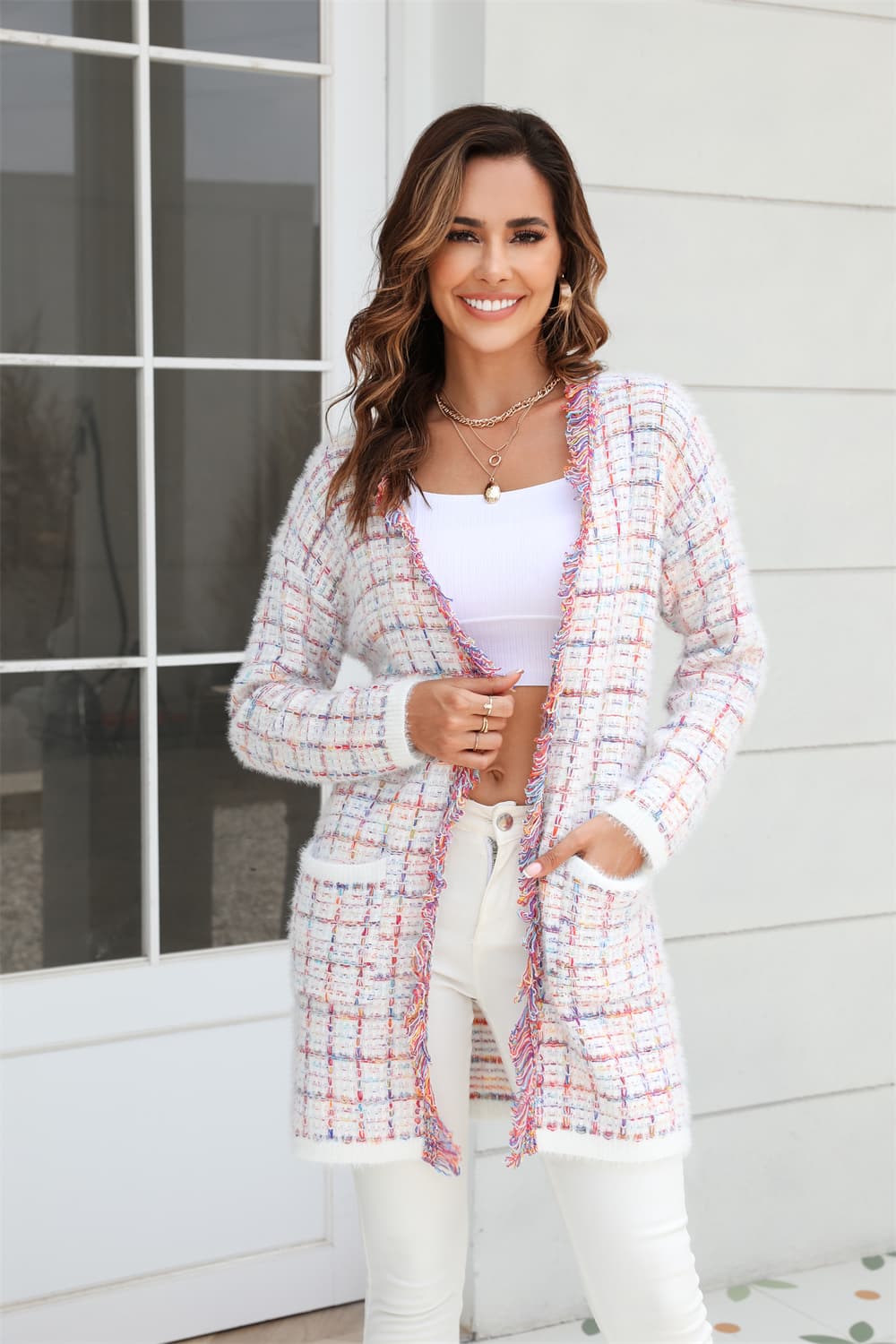 Plaid Fringe Trim Open Front Longline Cardigan BLUE ZONE PLANET