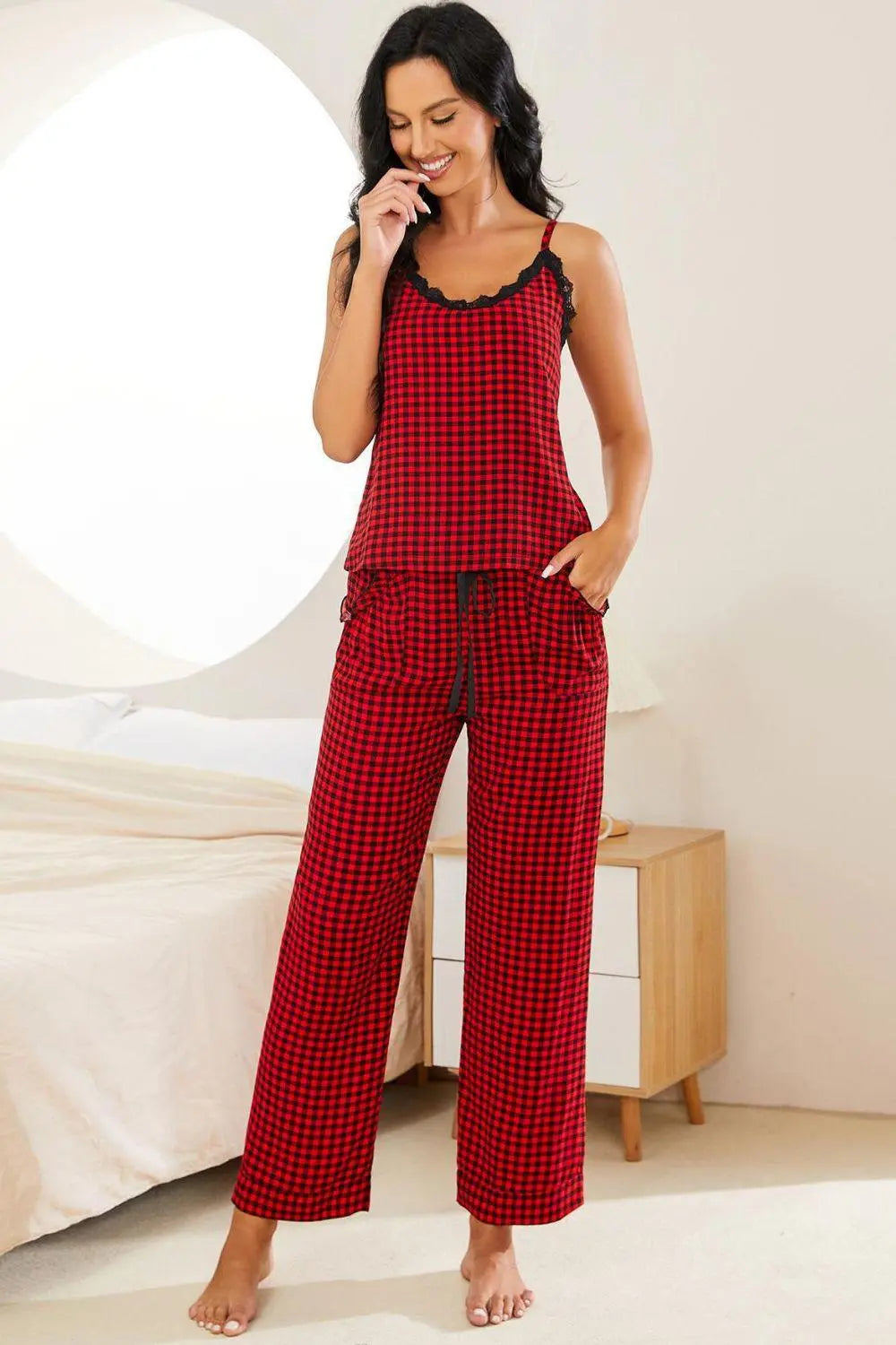 Plaid Lace Trim Cami and Drawstring Pants Pajama Set BLUE ZONE PLANET