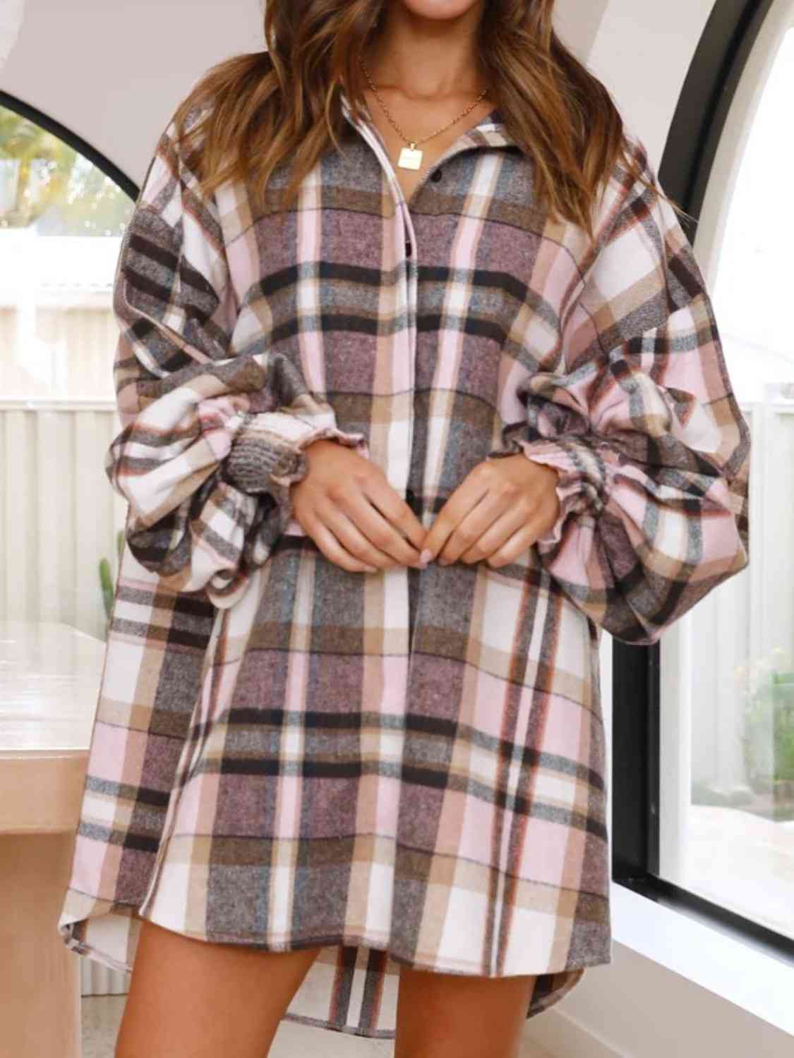 Plaid Lantern Sleeve Shirt BLUE ZONE PLANET