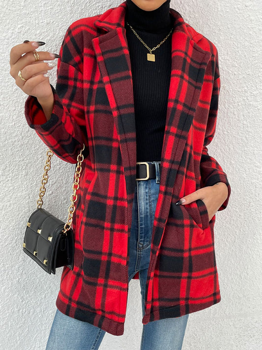 Plaid Lapel Collar Coat with Pockets BLUE ZONE PLANET