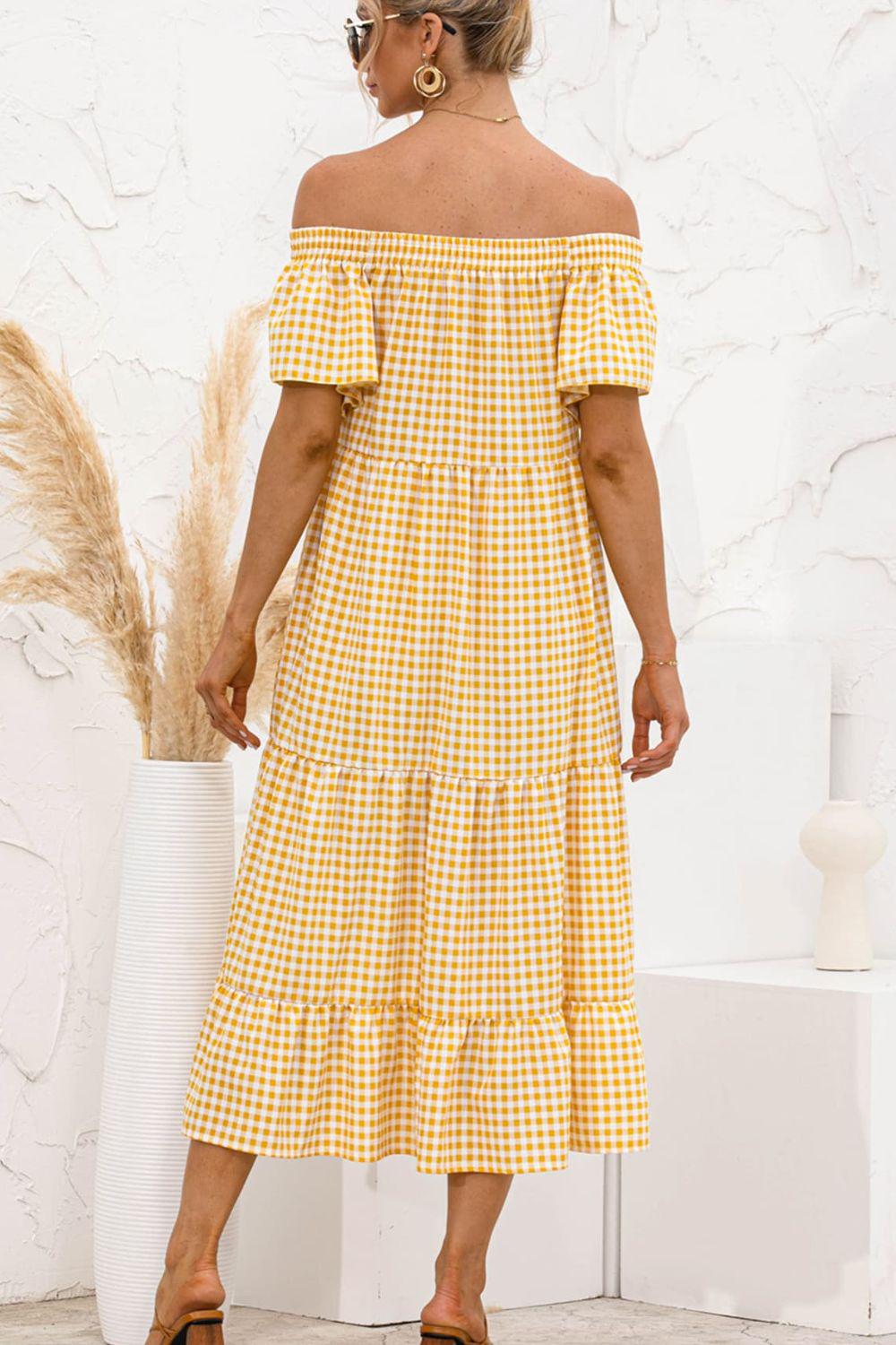 Plaid Off-Shoulder Tiered Midi Dress BLUE ZONE PLANET