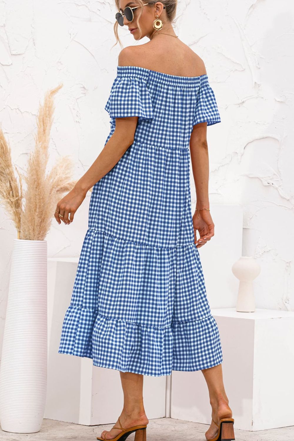 Plaid Off-Shoulder Tiered Midi Dress BLUE ZONE PLANET