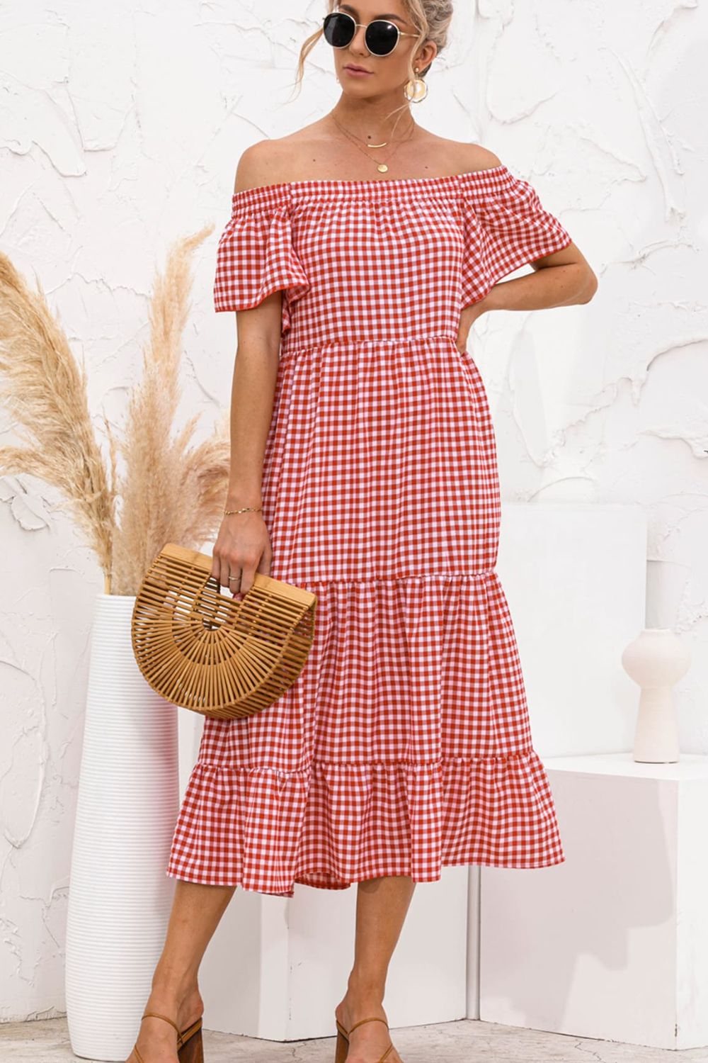 Plaid Off-Shoulder Tiered Midi Dress BLUE ZONE PLANET