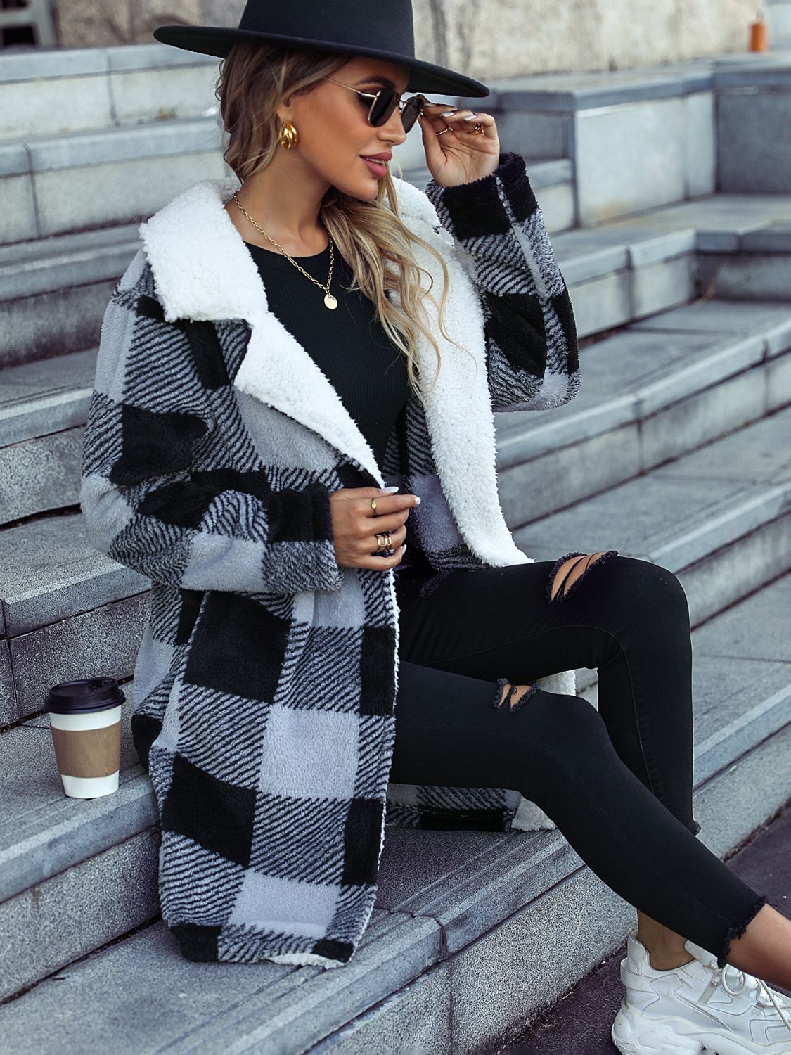 Plaid Open Front Coat with Pockets BLUE ZONE PLANET