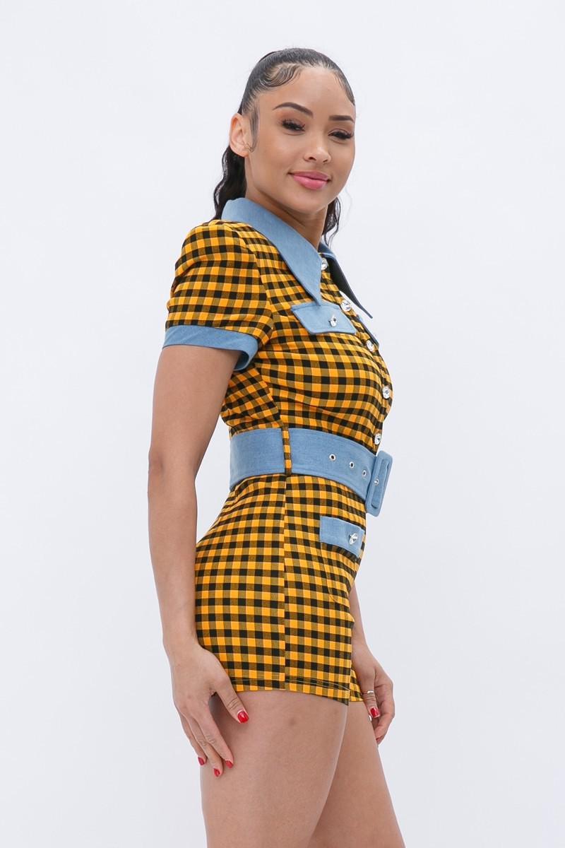 Plaid Print Denim Romper Blue Zone Planet