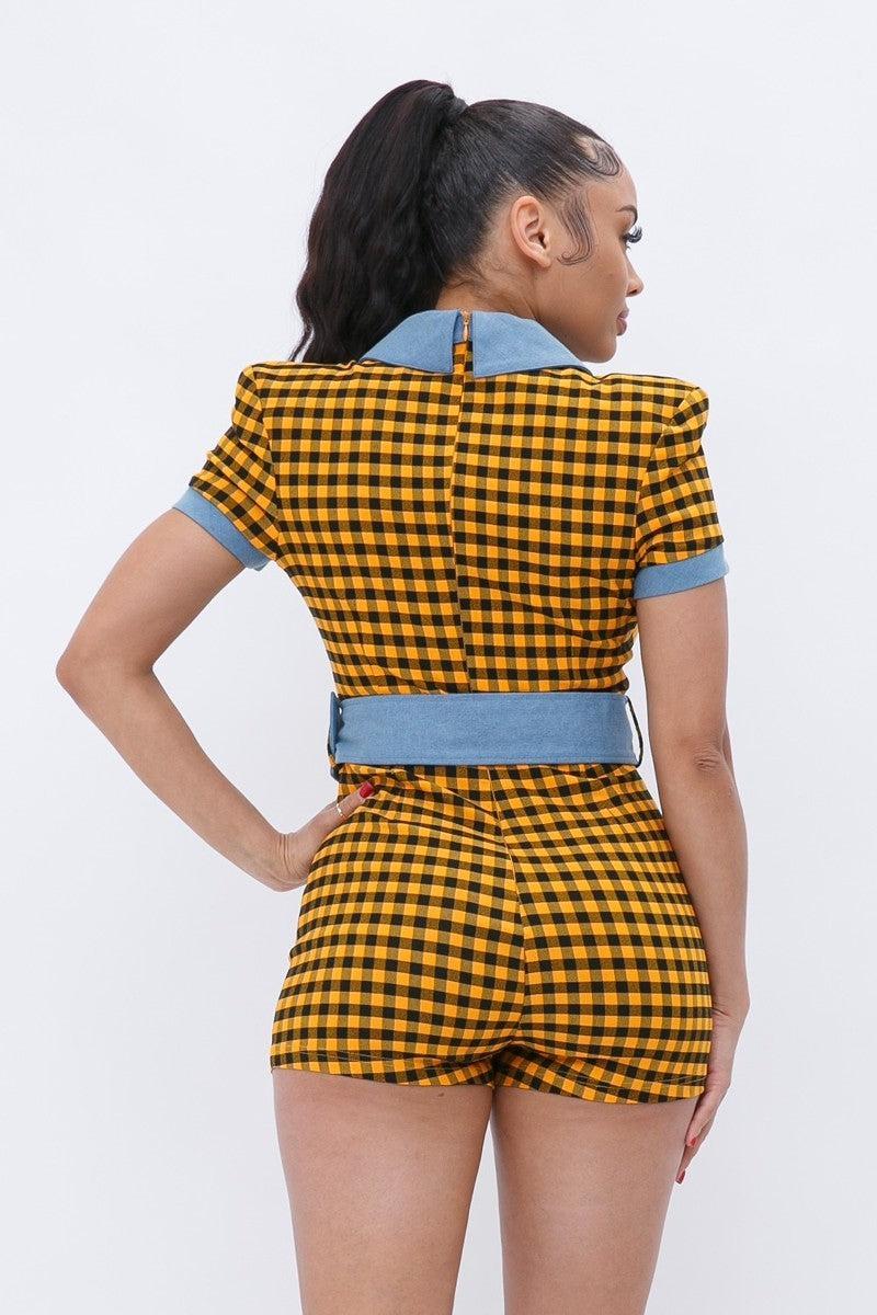 Plaid Print Denim Romper Blue Zone Planet