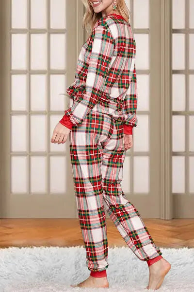 Plaid Round Neck Top and Pants Set BLUE ZONE PLANET