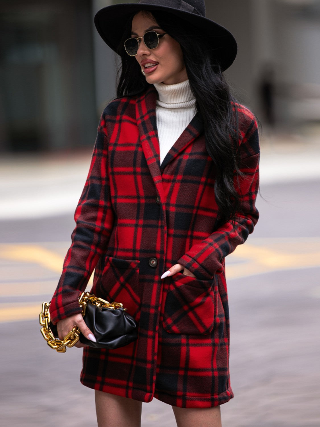 Plaid Shawl Collar Coat with Pockets BLUE ZONE PLANET