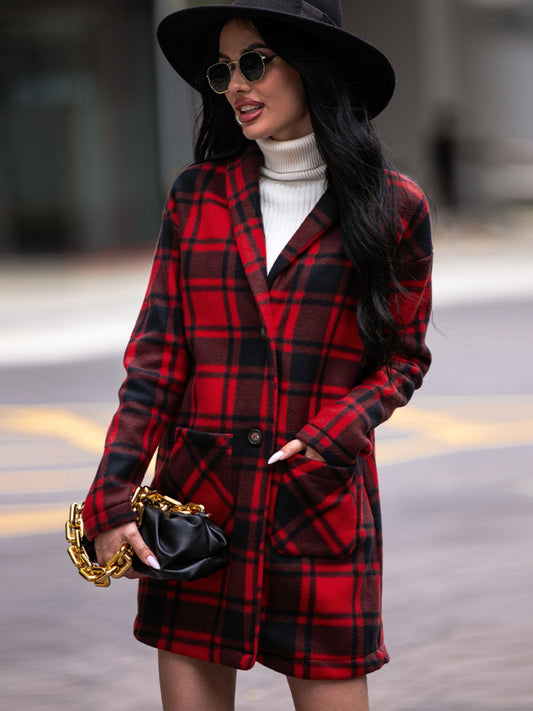 Plaid Shawl Collar Coat with Pockets BLUE ZONE PLANET