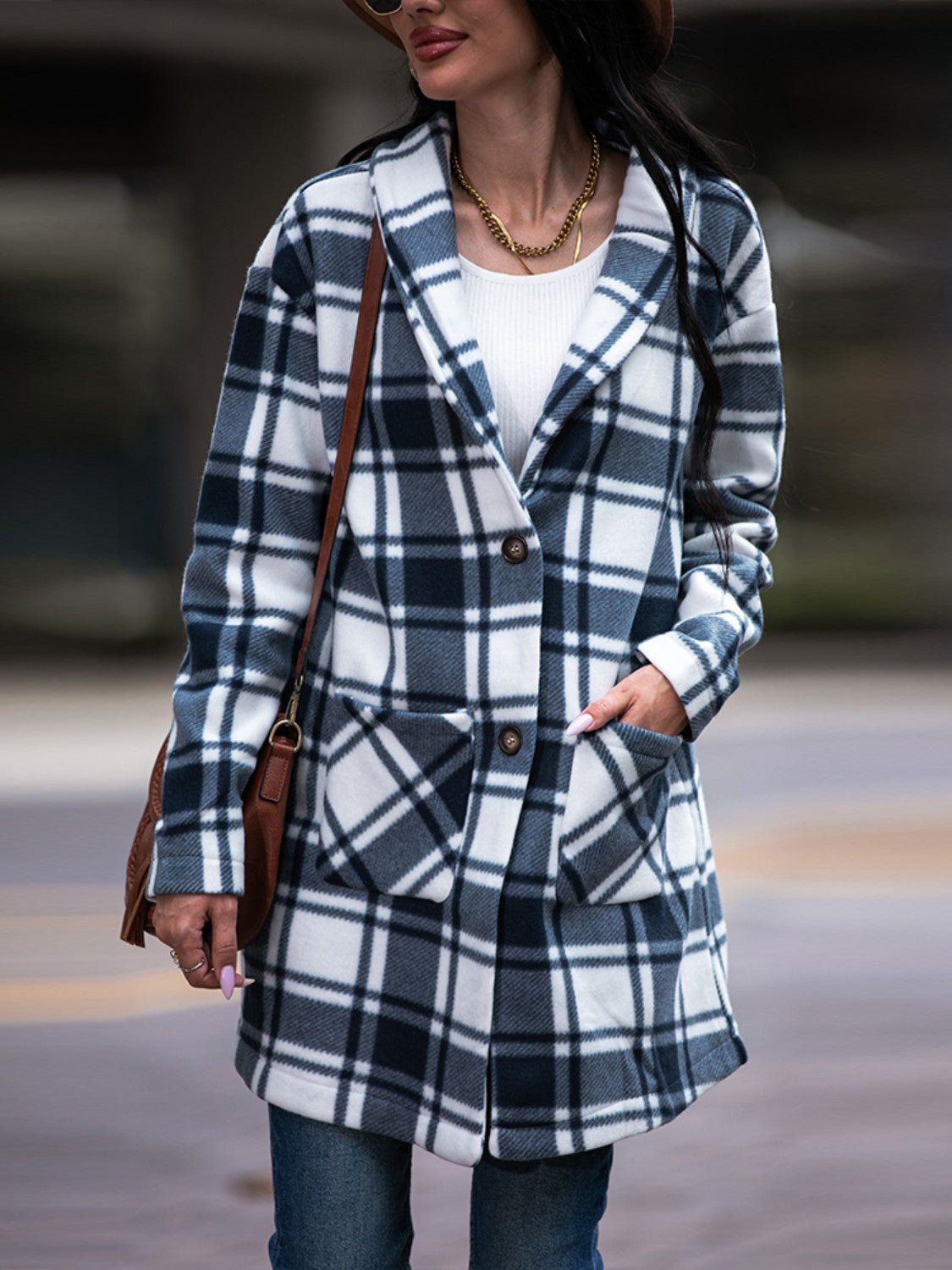 Plaid Shawl Collar Coat with Pockets BLUE ZONE PLANET
