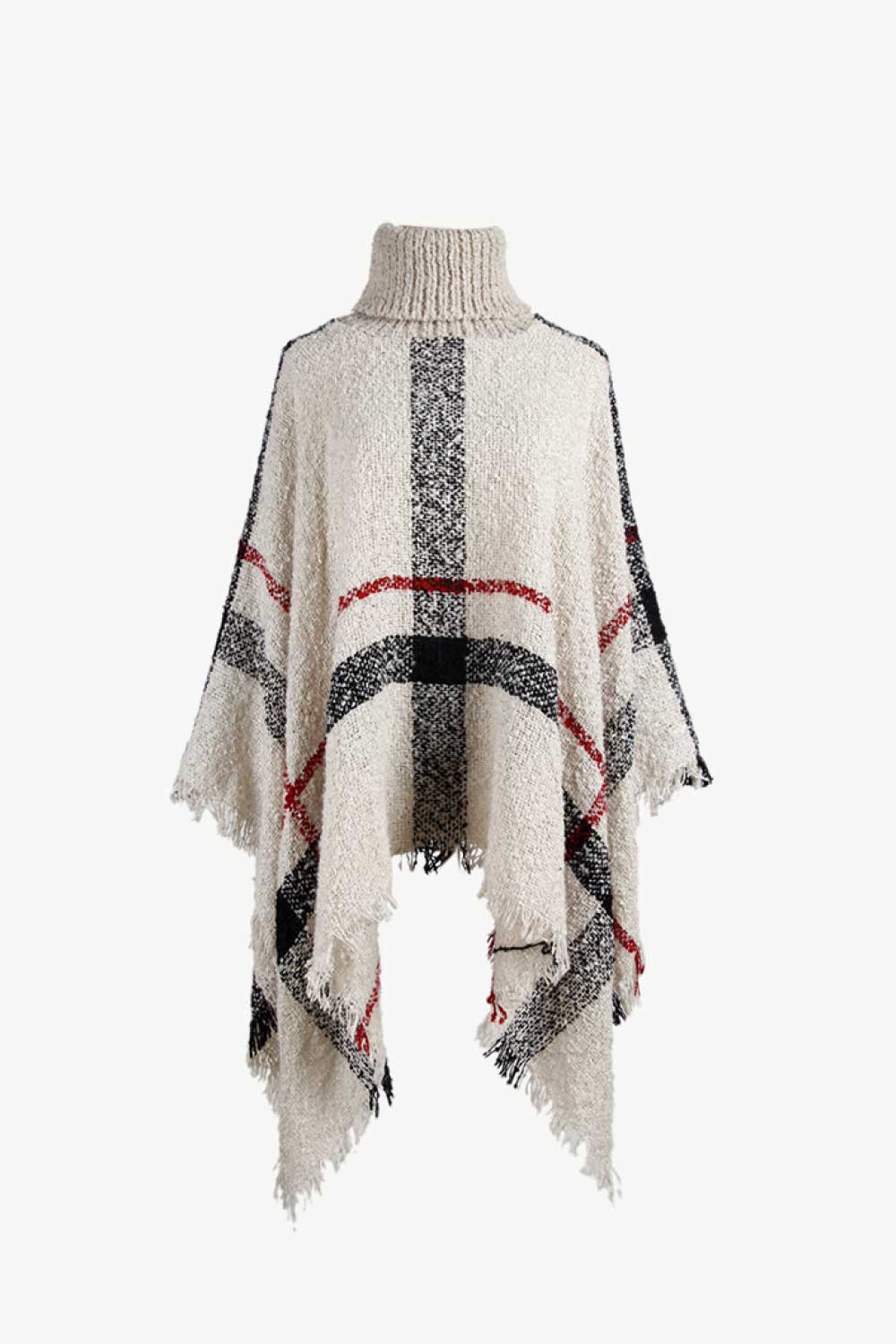 Plaid Turtleneck Raw Hem Poncho BLUE ZONE PLANET