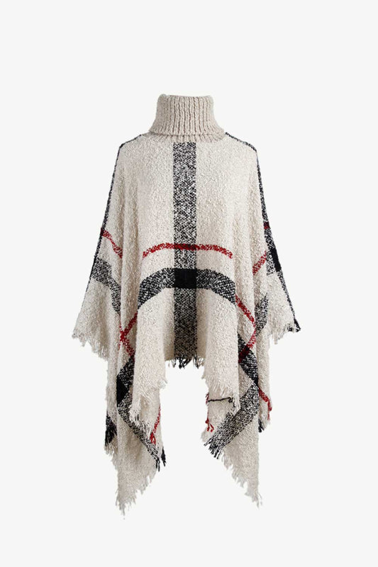Plaid Turtleneck Raw Hem Poncho BLUE ZONE PLANET