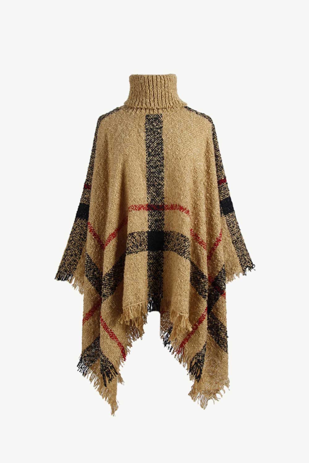 Plaid Turtleneck Raw Hem Poncho BLUE ZONE PLANET